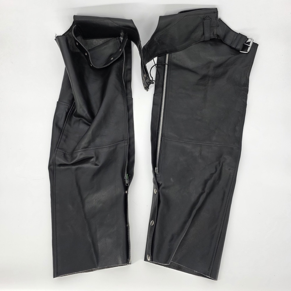 Barney's Leather Chaps Motorcycle BIKER Black Zipper Laces Snap XL Daytona Ranch